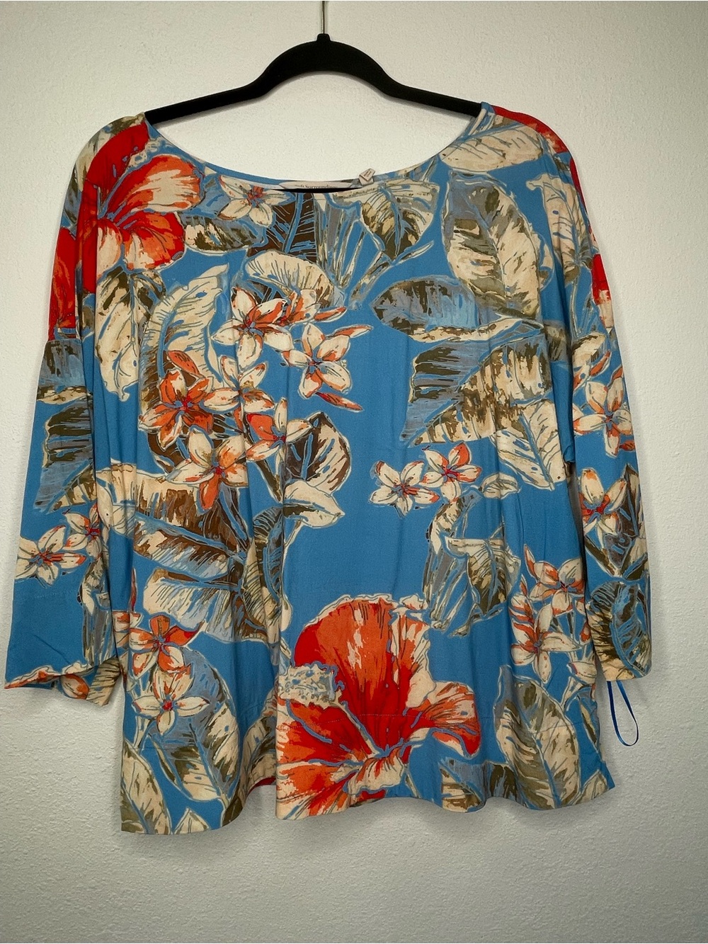 Soft Surroundings Shirt Womens Blue Floral Hawaiian Vacation 3/4 Sleeve Large